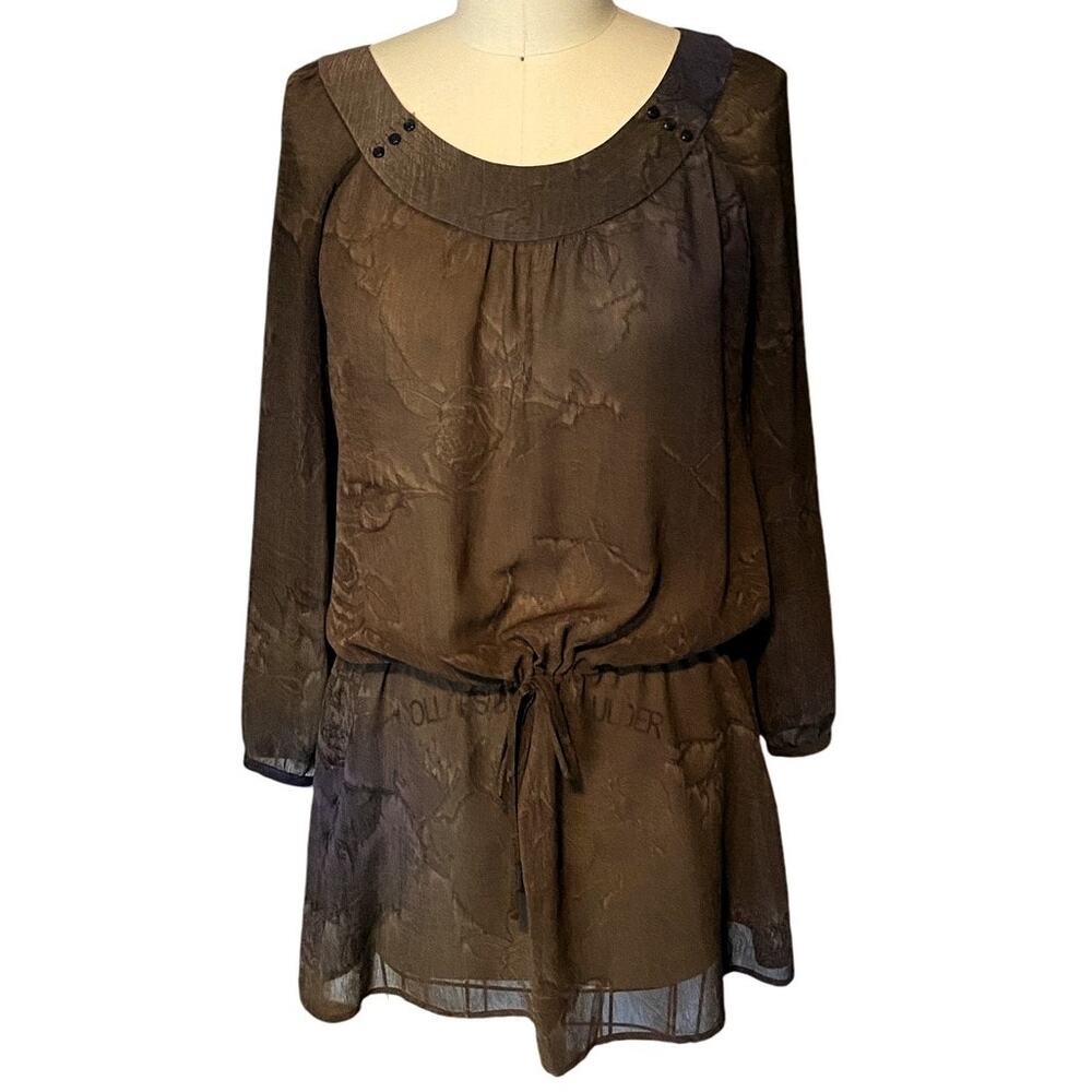 MASTINA Brown Bohemian Embroidered Gauze Boho Hippie Tunic Dress ~ Women's 36